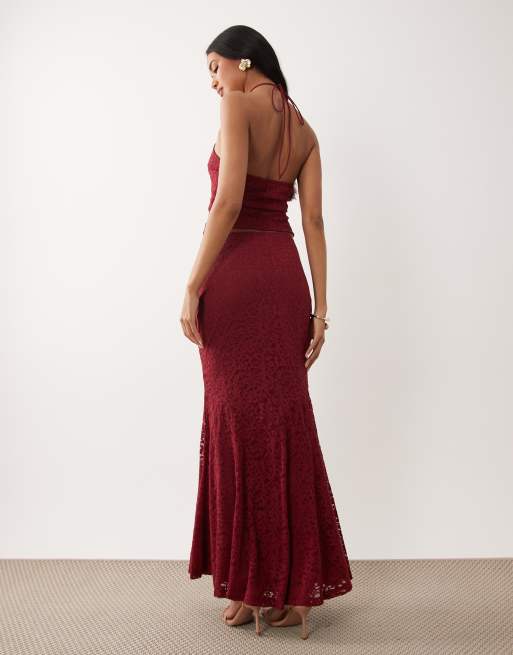 ASOS DESIGN co-ord lace fishtail maxi skirt in burgundy, 2 of 5