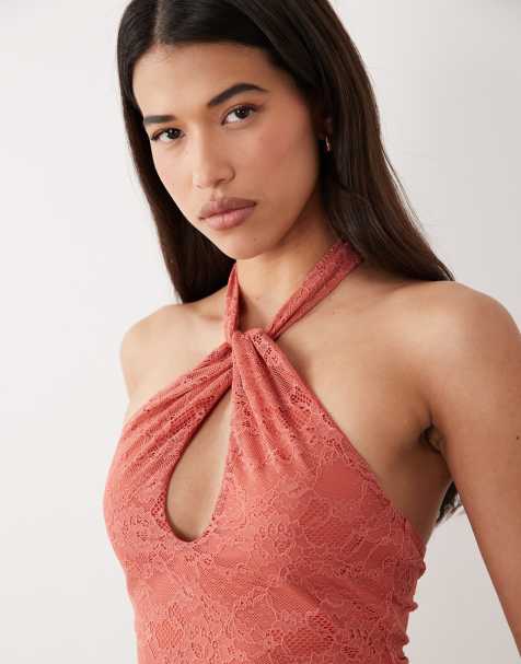 ASOS DESIGN co-ord lace key hole halter neck top in rust - view 1