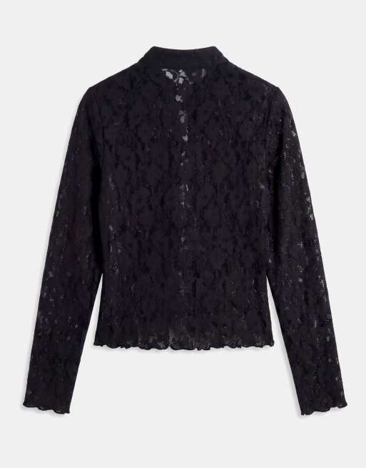 ASOS DESIGN co-ord lace mandarin trim top with long sleeves in black, 6 of 8