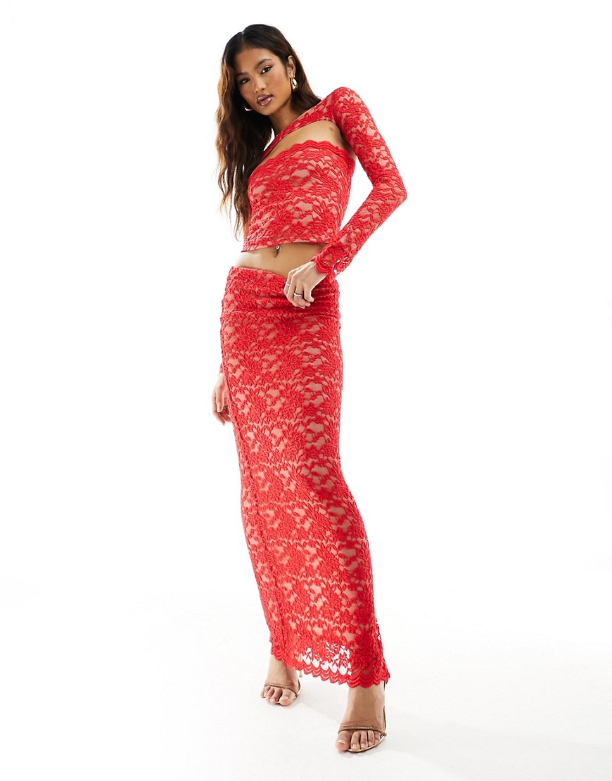 ASOS DESIGN co-ord lace maxi column skirt in red