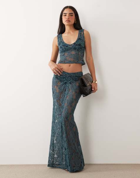 ASOS DESIGN co-ord lace maxi skirt in teal