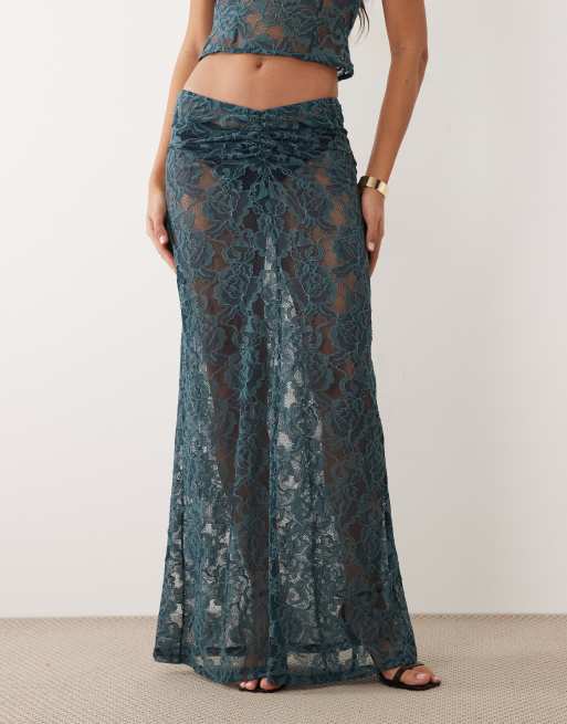ASOS DESIGN co-ord lace maxi skirt in teal, 3 of 5