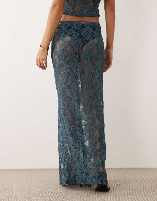 ASOS DESIGN co-ord lace maxi skirt in teal, 4 of 5
