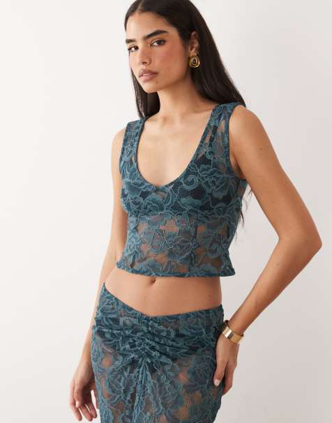 ASOS DESIGN co-ord lace plunge top in teal - view 1