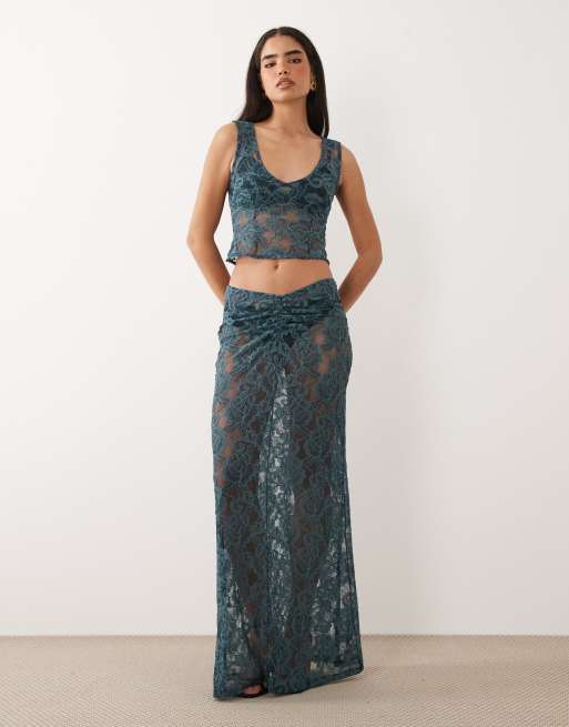 ASOS DESIGN co-ord lace plunge top in teal, 3 of 4