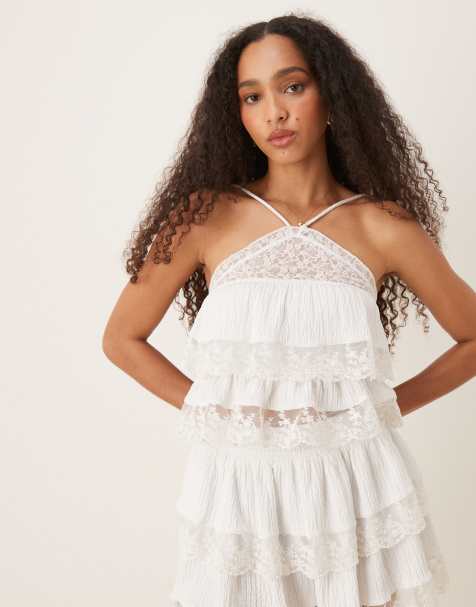 ASOS DESIGN co-ord lace trim halter neck top in white and neutral - view 1