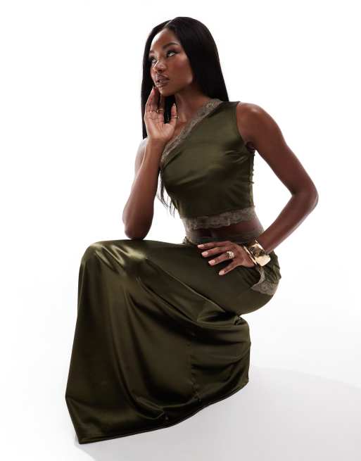 ASOS DESIGN co-ord lace trim one shoulder stretch satin crop top in khaki