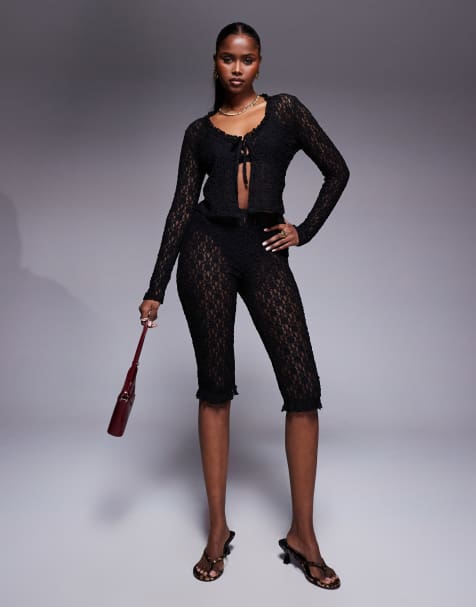ASOS DESIGN co-ord lace wide neck ruffle edge long sleeve tie up top and capri pants in black - view 1