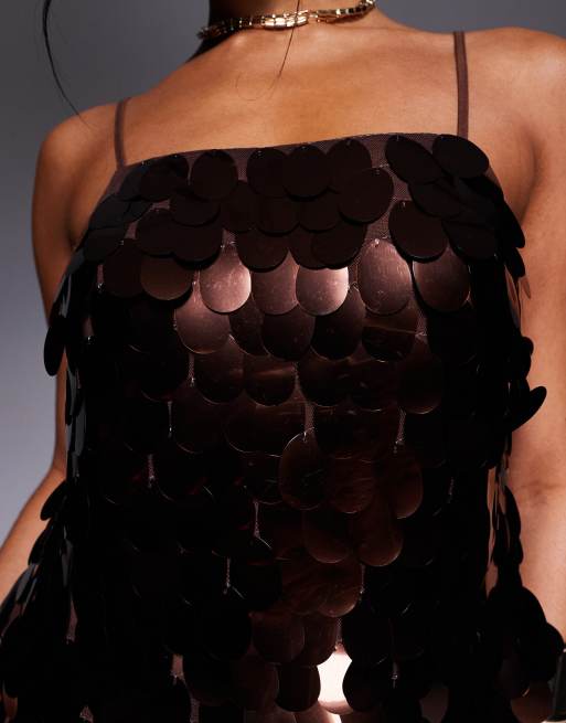 ASOS DESIGN co-ord large sequin disc cami top in chocolate, 3 of 4