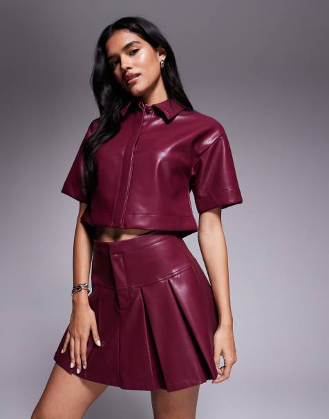 ASOS DESIGN co-ord leather look pleated mini skirt in burgundy - view 1