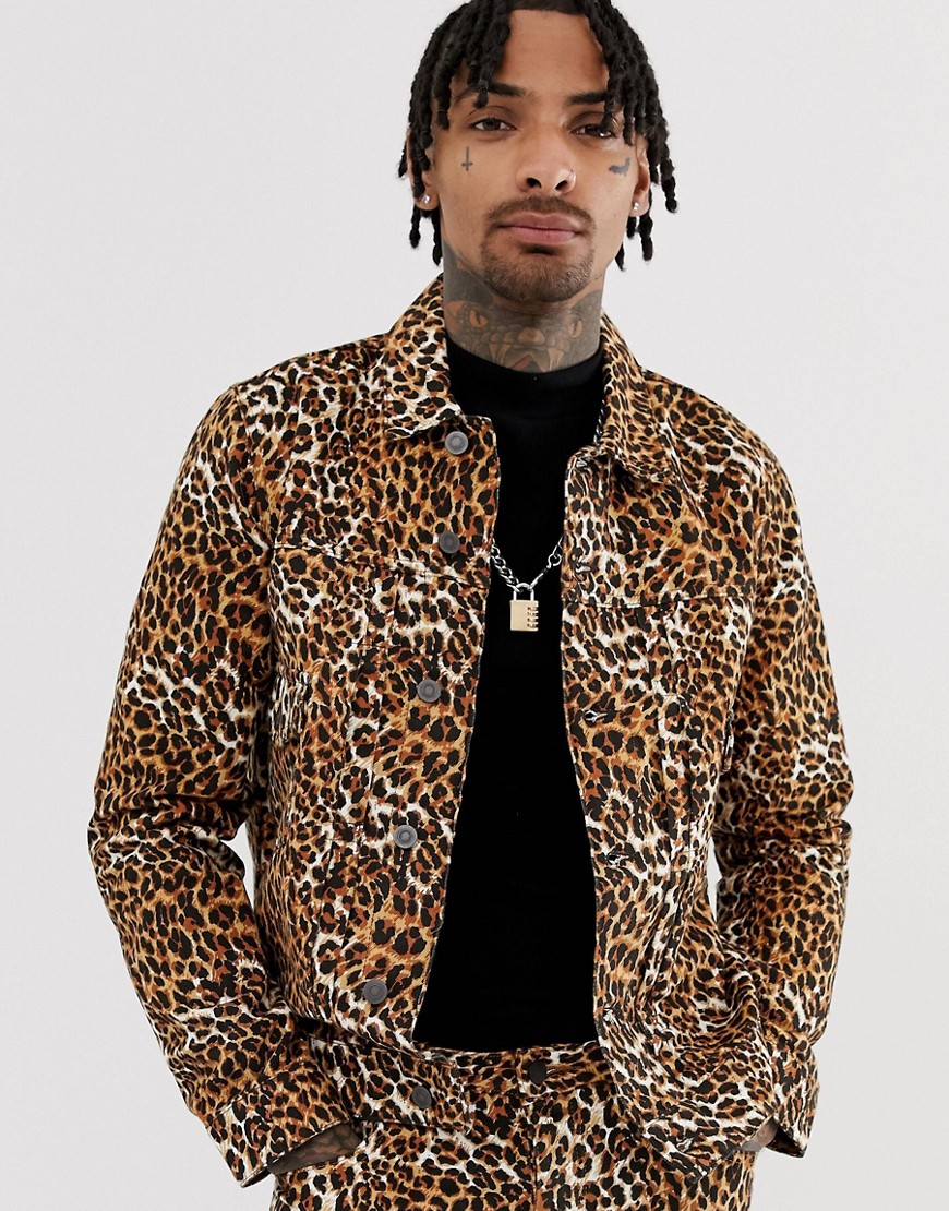 ASOS DESIGN co-ord leopard print denim jacket-Tan