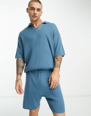 ASOS DESIGN co-ord lightweight oversized rib t-shirt with notch neck in blue