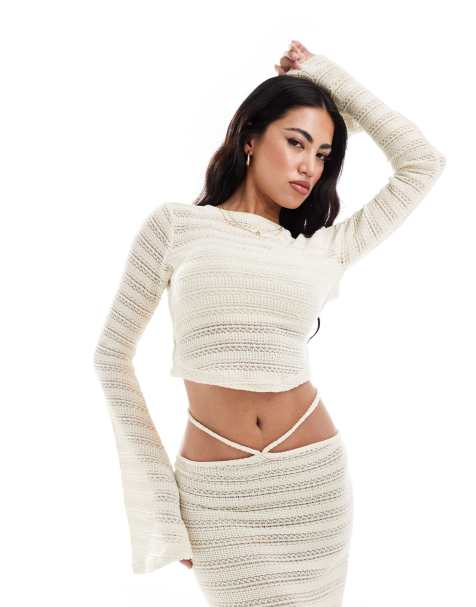 ASOS DESIGN co-ord linear textured long sleeve top with open back in ivory - view 1