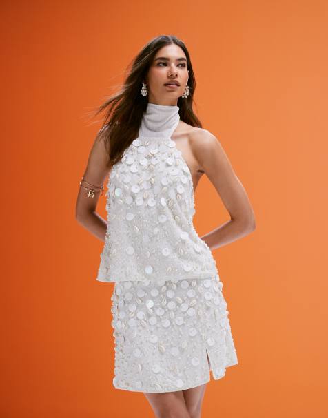 ASOS DESIGN co-ord linen blend halter top with faux shell and sequin embellisment in cream - view 1