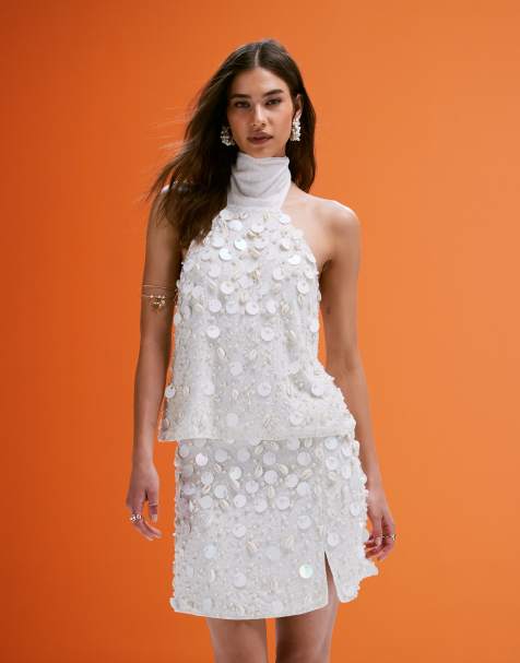 ASOS DESIGN co-ord linen blend mini skirt with faux shell and sequin embellishment in cream - view 1