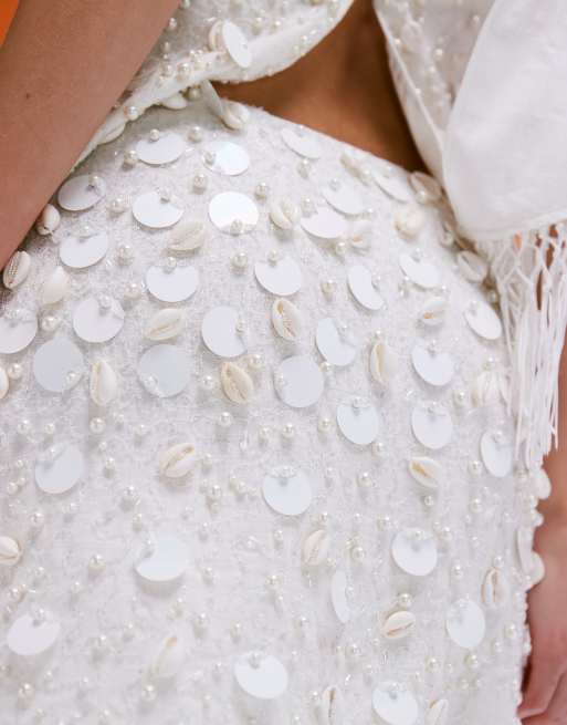 ASOS DESIGN linen blend mini skirt with faux shell and sequin embellishment in cream - part of a set