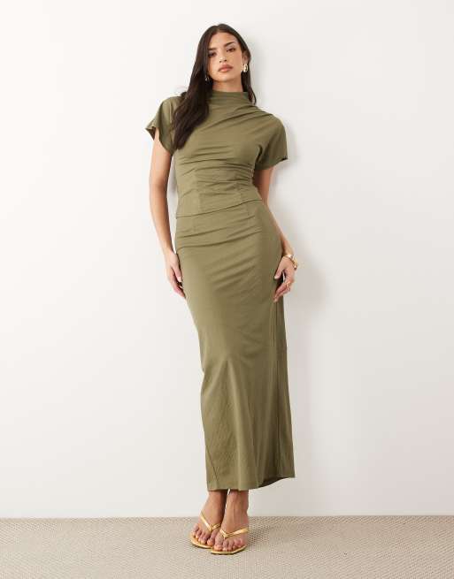ASOS DESIGN co-ord linen look bias maxi skirt in khaki green, 2 of 5