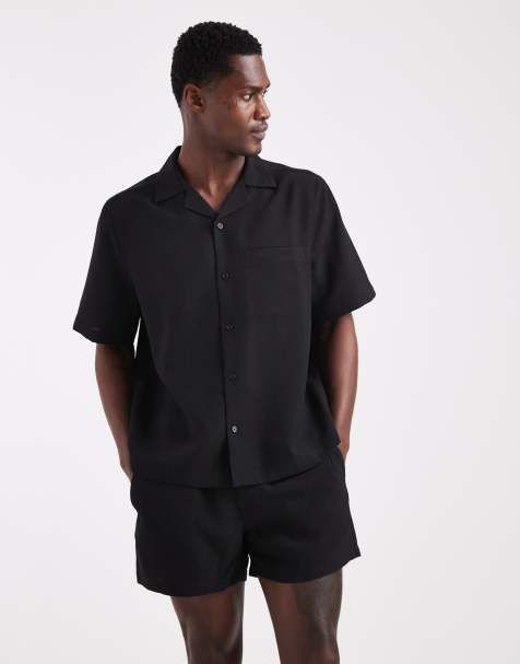 ASOS DESIGN co-ord linen look relaxed revere shirt in black - view 1