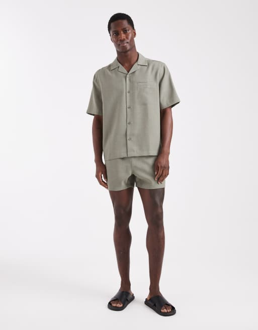 ASOS DESIGN co-ord linen look relaxed revere shirt in khaki, 2 of 5
