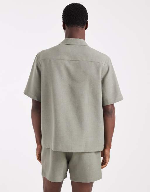 ASOS DESIGN co-ord linen look relaxed revere shirt in khaki, 3 of 5
