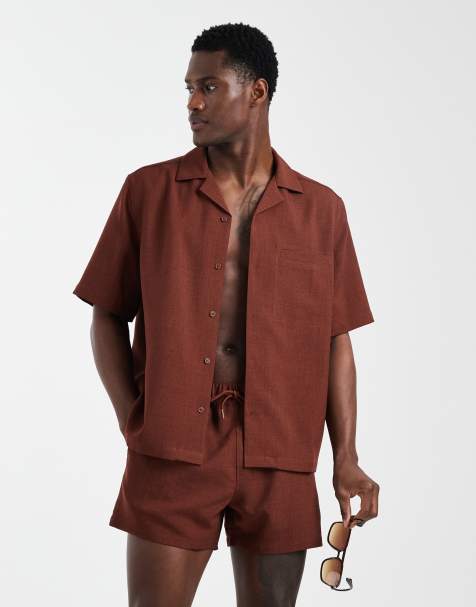 ASOS DESIGN co-ord linen look relaxed shirt in brown - view 1