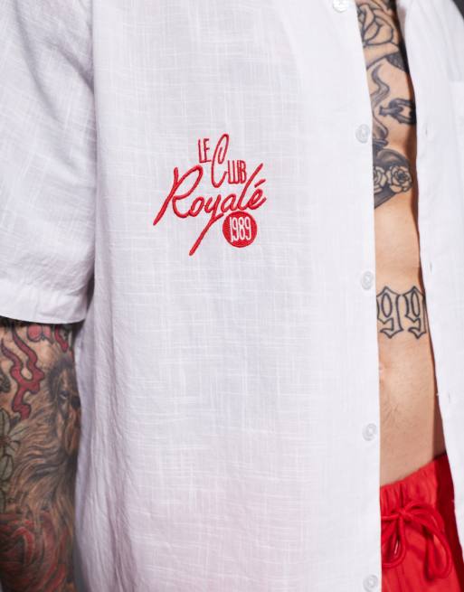 ASOS DESIGN co-ord linen look revere shirt with red chest embroidery, 3 of 4