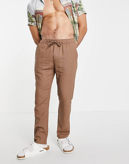 ASOS DESIGN co-ord linen mix slim trousers with elasticated waist in brown