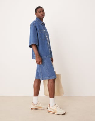 ASOS DESIGN ASOS DESIGN co-ord long length denim jort with seam detailing in mid wash blue