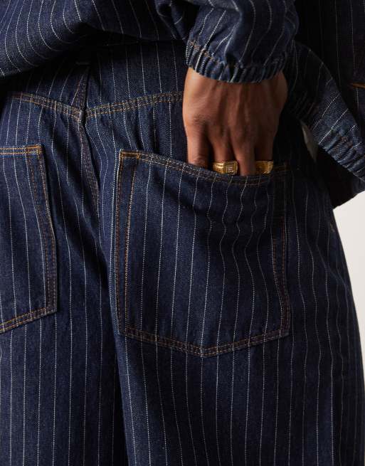 ASOS DESIGN co-ord long length denim jorts with pinstripes in dark wash blue, 3 of 5