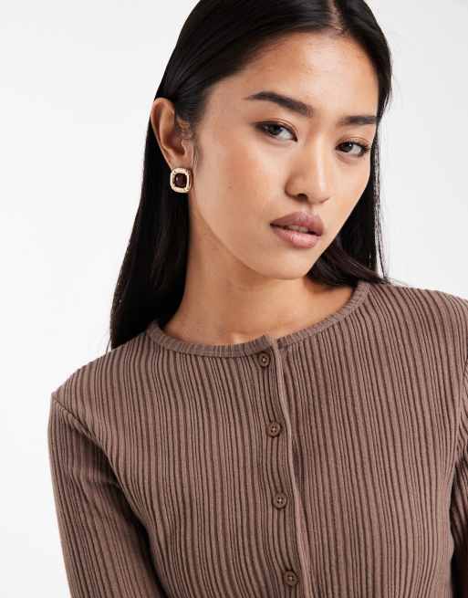 ASOS DESIGN co-ord long sleeve button through brushed rib top in chocolate, 2 of 4