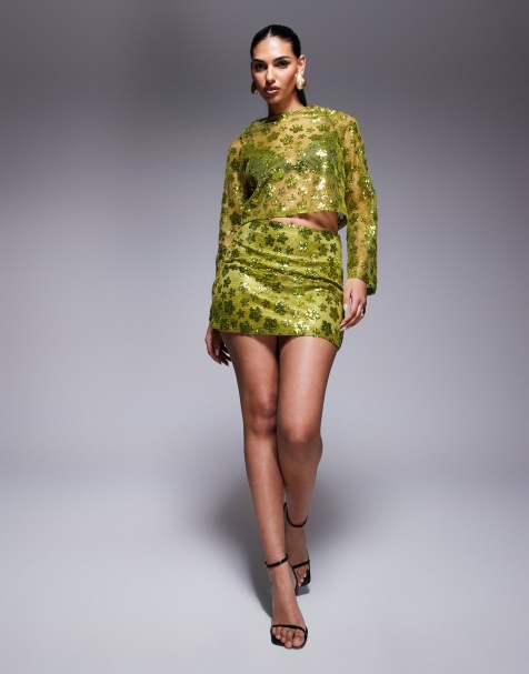 ASOS DESIGN co-ord long sleeve crochet floral sequin backless top and mini skirt - view 1