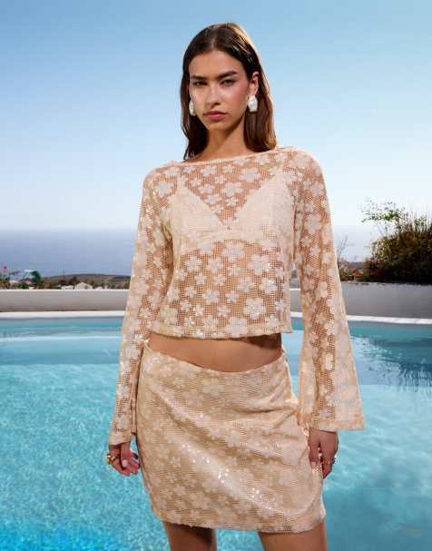 ASOS DESIGN co-ord long sleeve crochet floral sequin backless top in cream - view 1