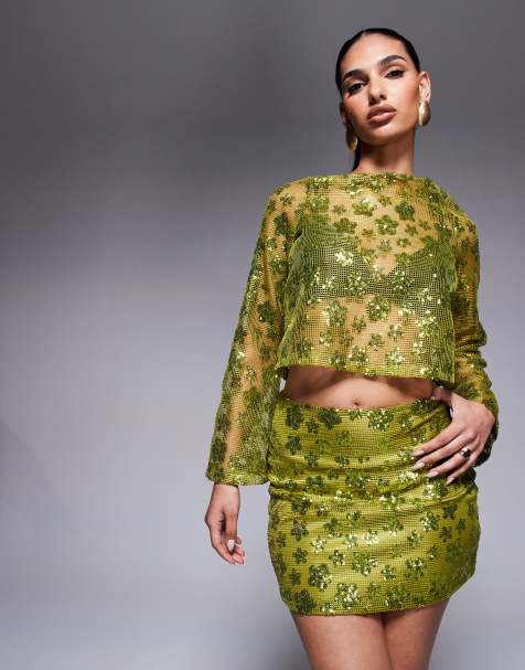 ASOS DESIGN co-ord long sleeve crochet floral sequin backless top in olive green