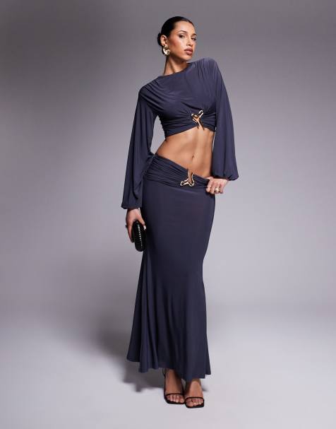 ASOS DESIGN co-ord long sleeve drape top with gold detail and maxi skirt in dark grey - view 1