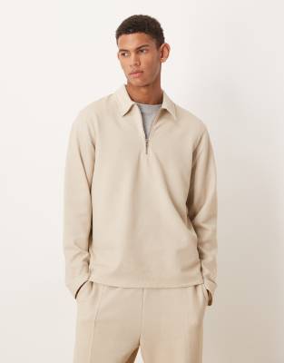 Asos Design Co-ord Long Sleeve Half Zip Pique Polo In Neutral