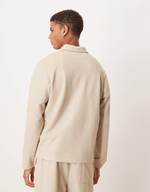 ASOS DESIGN co-ord long sleeve half zip pique polo in beige, 3 of 5