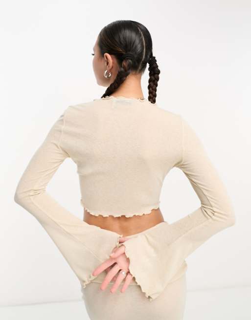 ASOS DESIGN co-ord long sleeve mesh top with lettuce edging in ecru