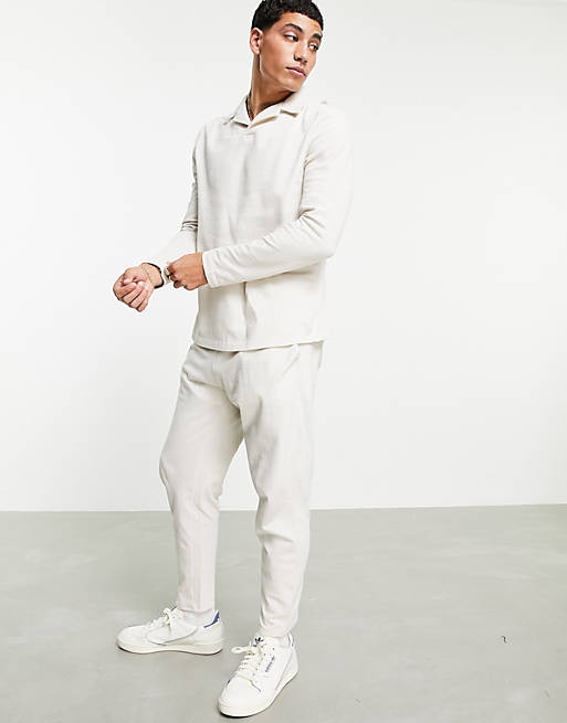  co-ord long sleeve pique revere polo in beige 
