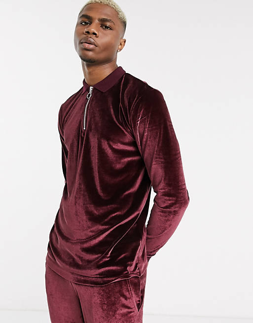 ASOS DESIGN co-ord long sleeve polo shirt with zip neck in velour in ...