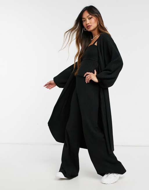 ASOS DESIGN maxi knitted cardi, cami, and wide leg trousers co-ord in black, 2 of 4