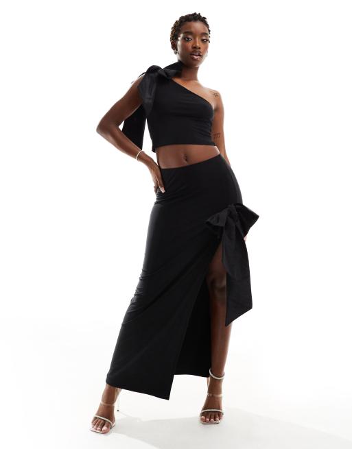 ASOS DESIGN co ord maxi skirt with extreme split and bow detail in black