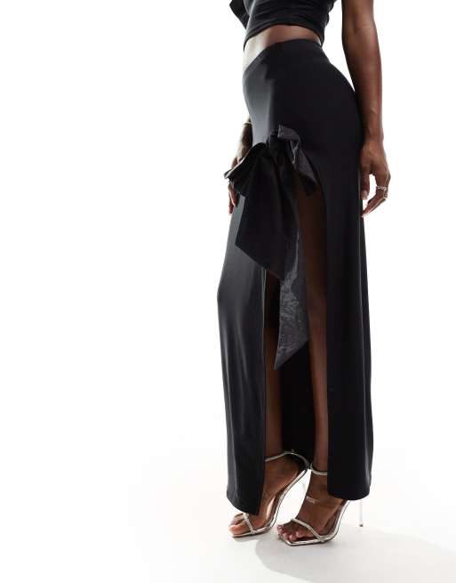 ASOS DESIGN co ord maxi skirt with extreme split and bow detail in black