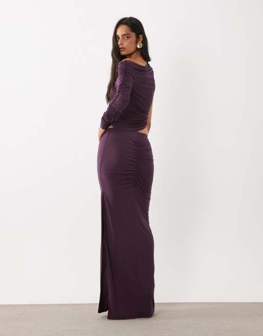 ASOS DESIGN co-ord maxi slinky skirt with ruched back detail in purple, 5 of 5