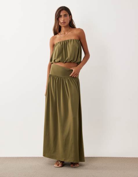 ASOS DESIGN co-ord maxinederdel med sænket talje og slidsdetalje i khaki - view 1