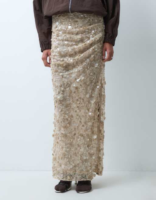 ASOS DESIGN co-ord maxirok met lovertjes, aangerimpelde taille en split aan de zijkant in champagne, 3 van 5
