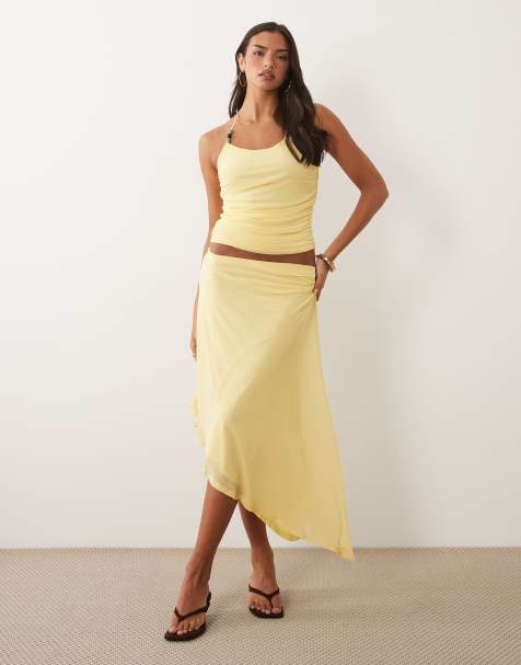 ASOS DESIGN co-ord mesh asymmetric midi skirt with beaded trim in lemon - view 1
