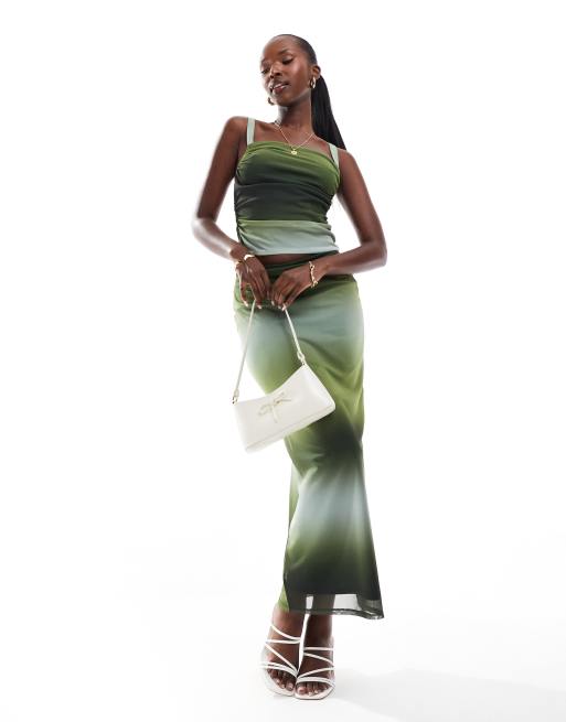 ASOS DESIGN co ord mesh cowl crop top and maxi skirt in green ombre print ASOS