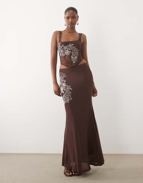 ASOS DESIGN Co-Ord Mesh Embroidered Corset Top and Maxi Skirt in Chocolate - view 1
