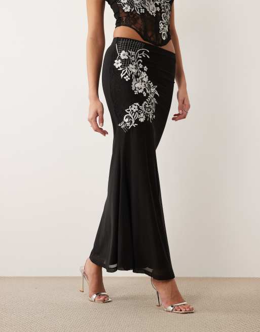 ASOS DESIGN co-ord mesh embroidered maxi skirt in black, 2 of 5