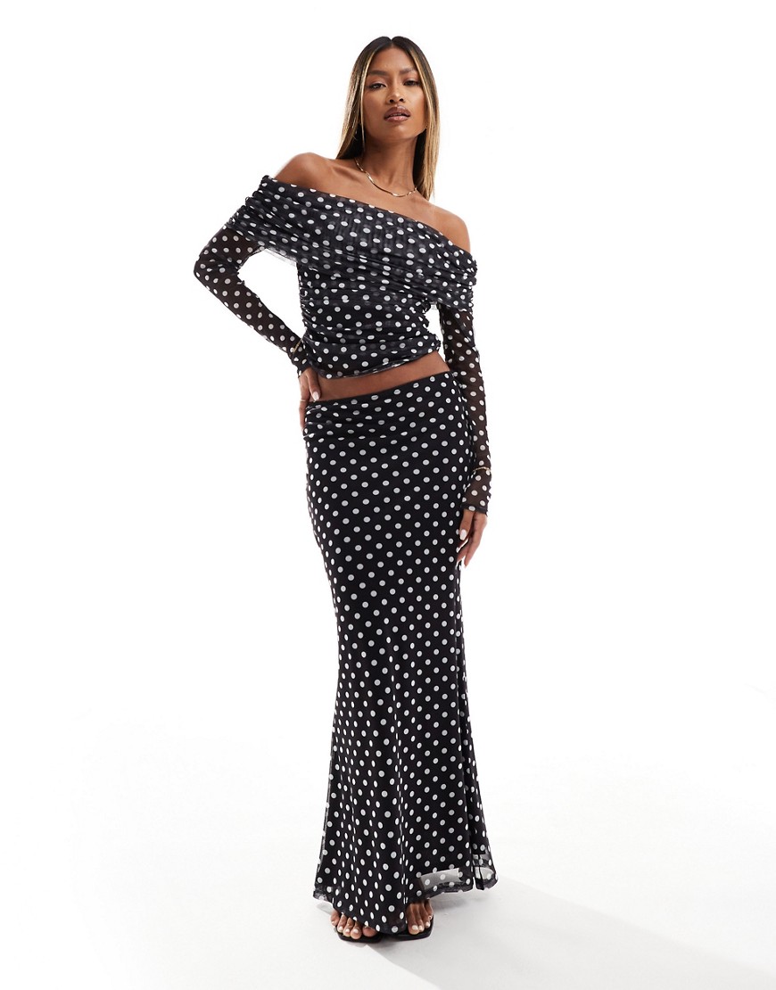 ASOS DESIGN co-ord mesh fishtail maxi skirt in polka dot-Multi
